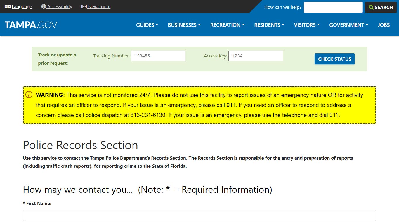 TampaGov Police Records Section - City of Tampa